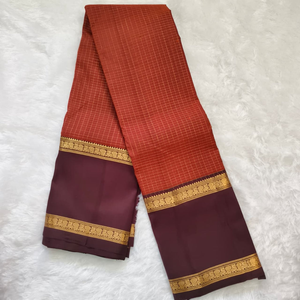 Pure Kanchipuram Silk Saree – Rust Orange and Deep Maroon Contrast with Checks