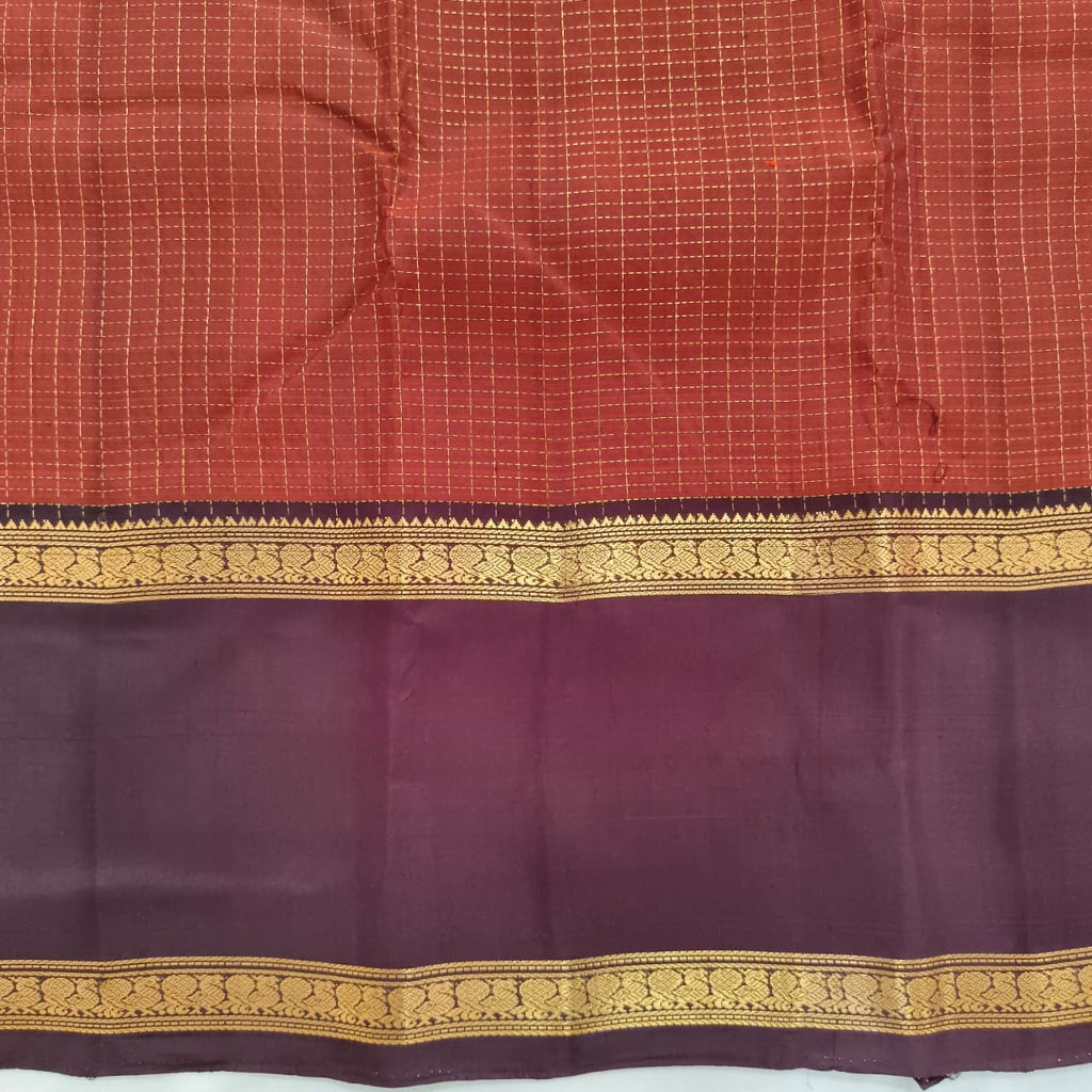 Pure Kanchipuram Silk Saree – Rust Orange and Deep Maroon Contrast with Checks