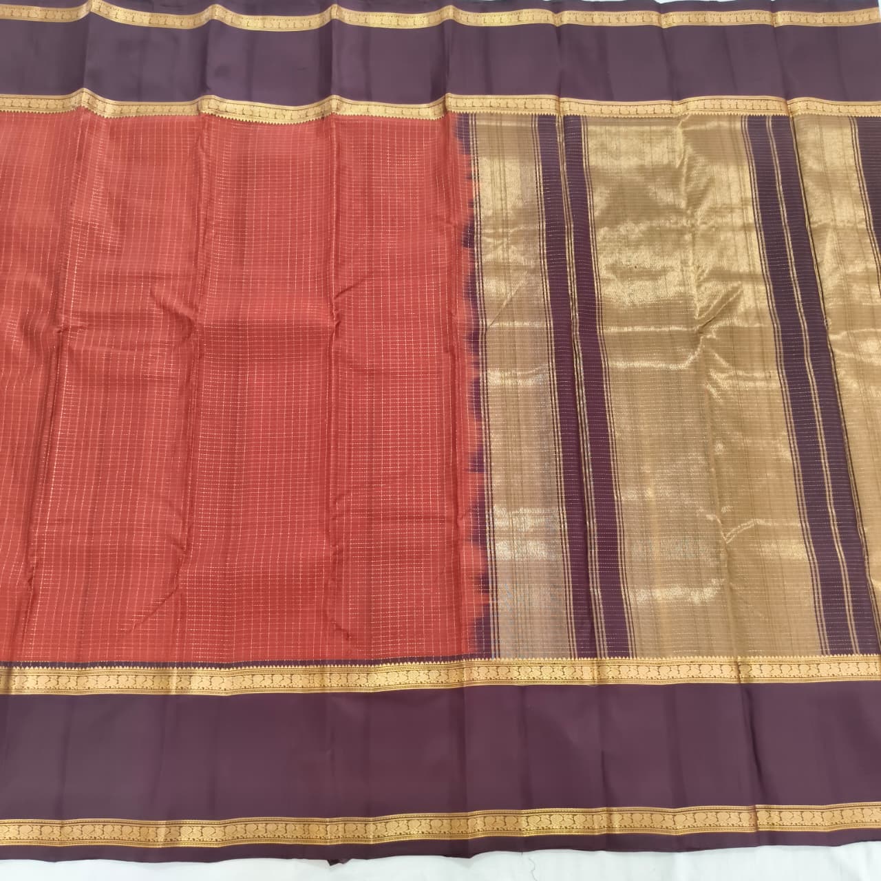 Pure Kanchipuram Silk Saree – Rust Orange and Deep Maroon Contrast with Checks