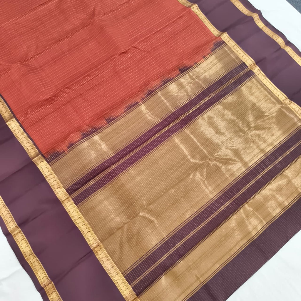 Pure Kanchipuram Silk Saree – Rust Orange and Deep Maroon Contrast with Checks