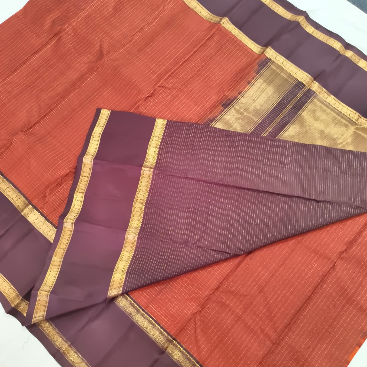 Pure Kanchipuram Silk Saree – Rust Orange and Deep Maroon Contrast with Checks