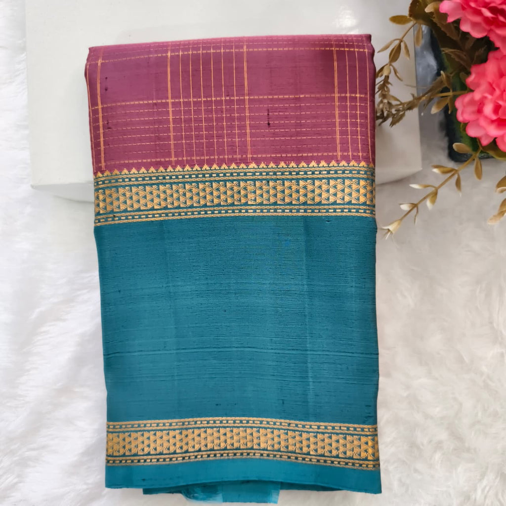 Pure Kanchipuram Silk Saree –Pink and Peacock Blue Contrast with Checks