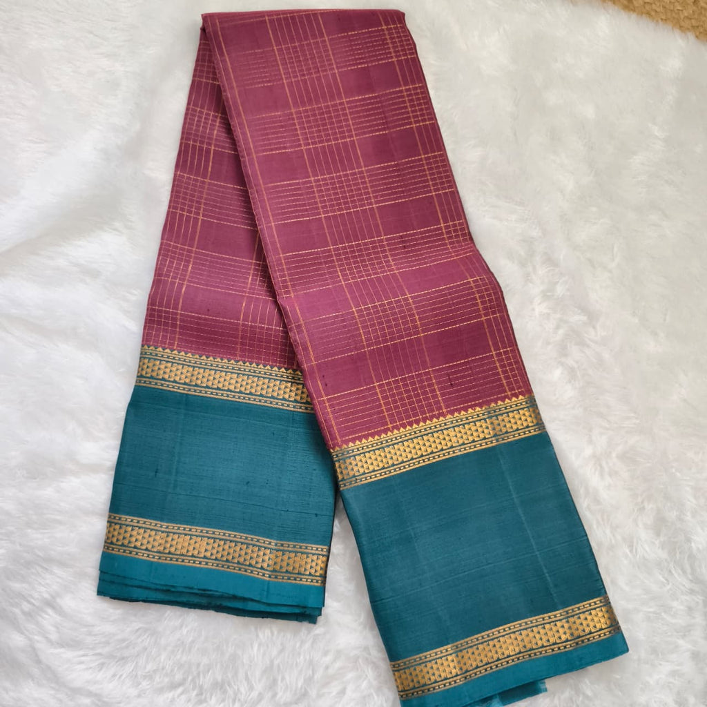 Pure Kanchipuram Silk Saree –Pink and Peacock Blue Contrast with Checks