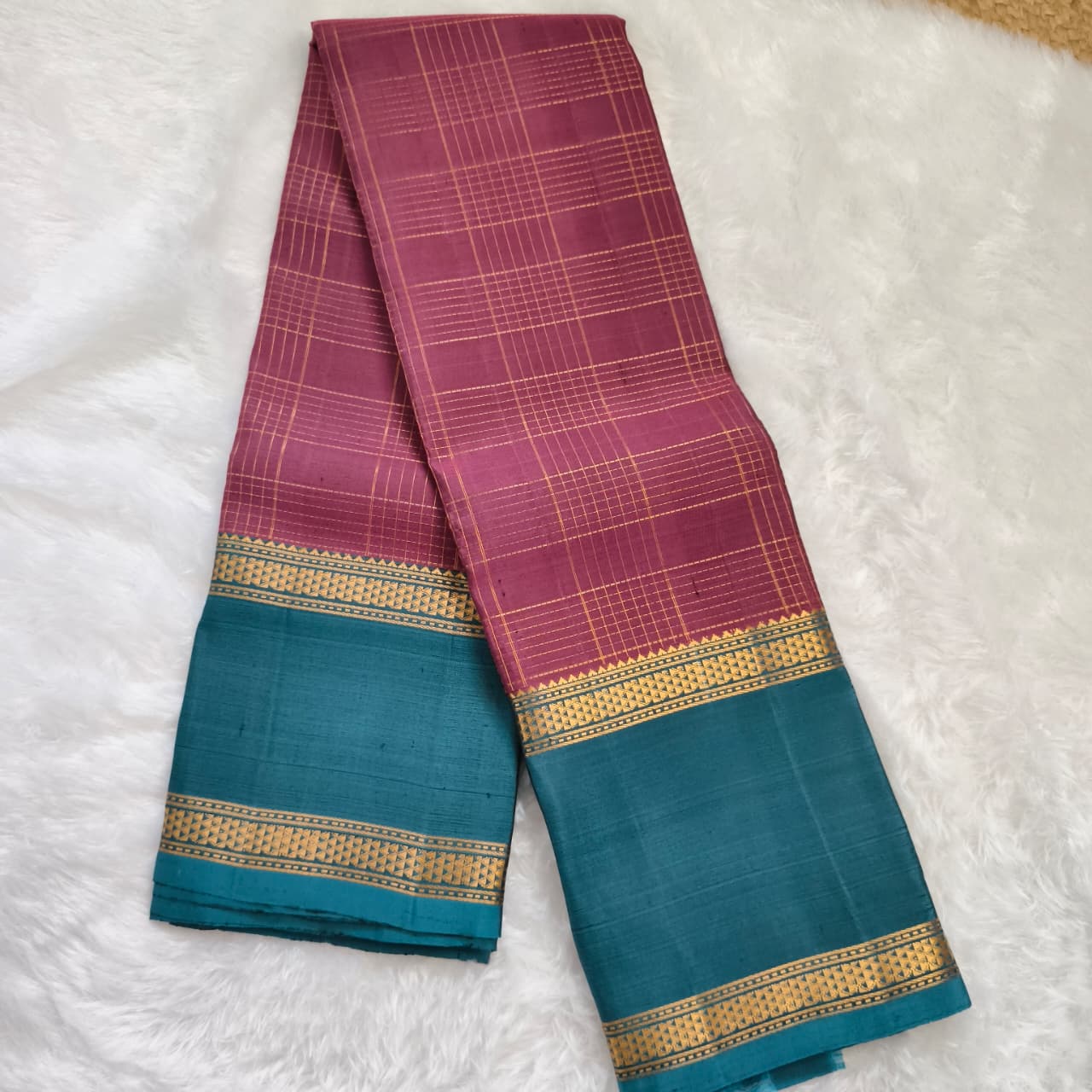 Pure Kanchipuram Silk Saree –Pink and Peacock Blue Contrast with Checks