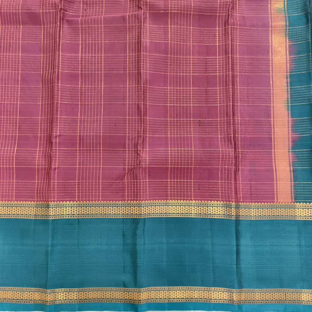 Pure Kanchipuram Silk Saree –Pink and Peacock Blue Contrast with Checks