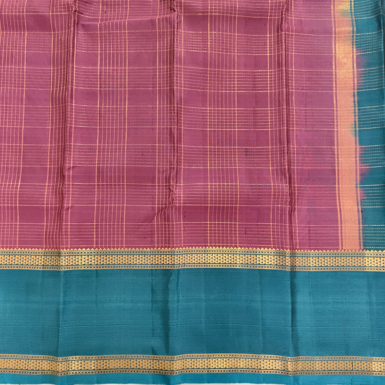 Pure Kanchipuram Silk Saree –Pink and Peacock Blue Contrast with Checks