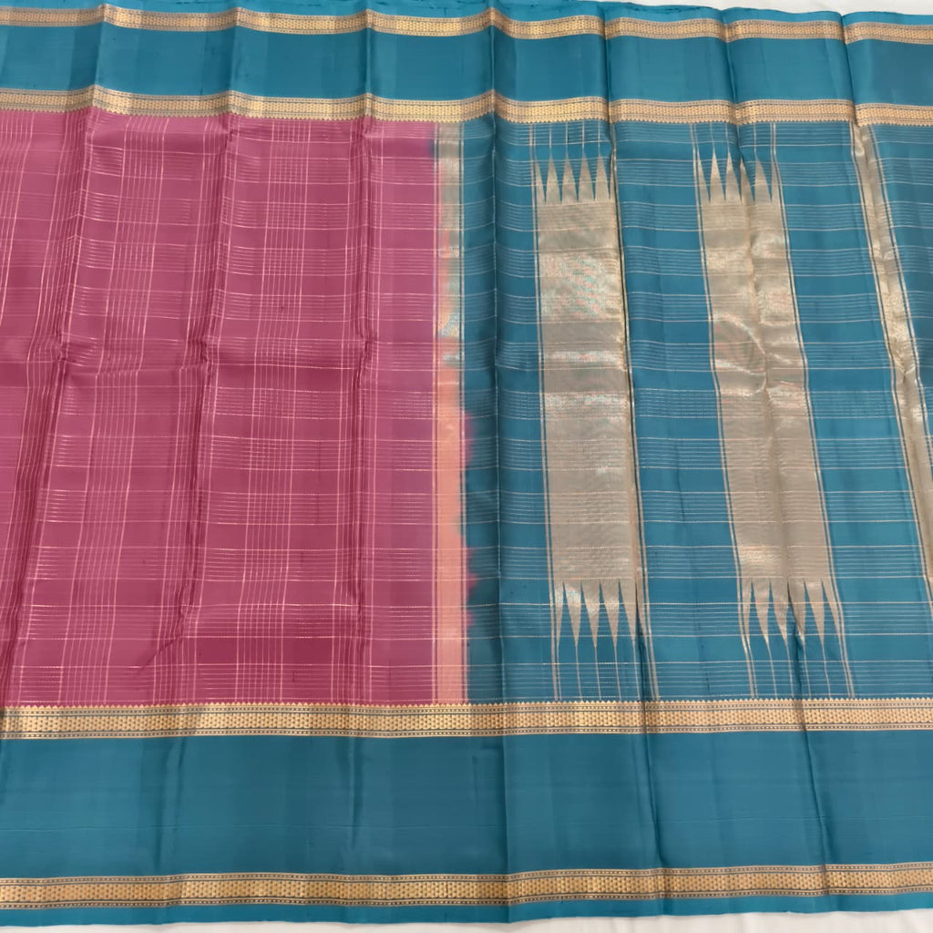 Pure Kanchipuram Silk Saree –Pink and Peacock Blue Contrast with Checks