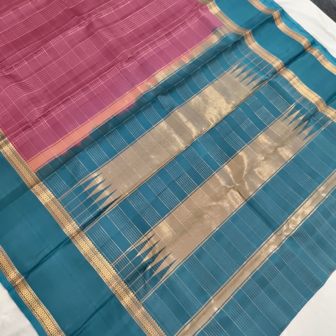 Pure Kanchipuram Silk Saree –Pink and Peacock Blue Contrast with Checks