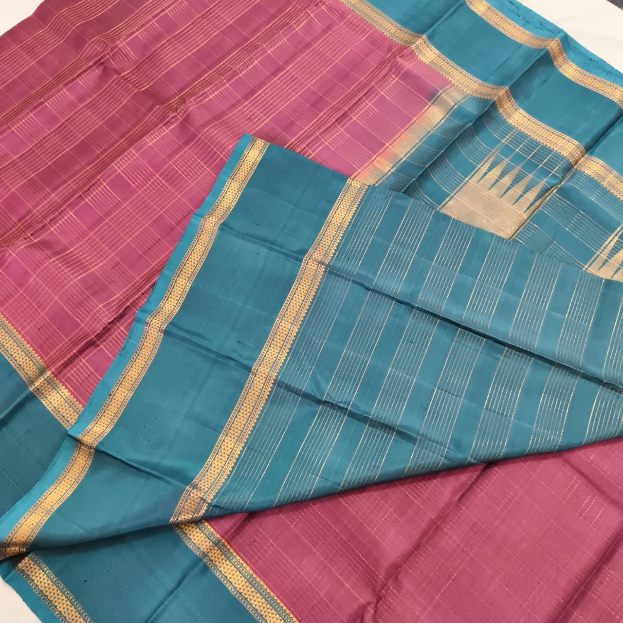 Pure Kanchipuram Silk Saree –Pink and Peacock Blue Contrast with Checks