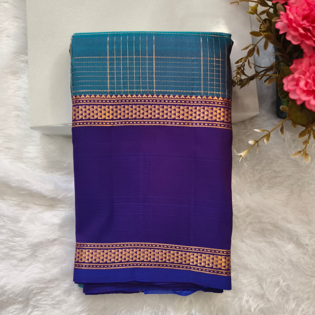 Pure Kanchipuram Silk Saree – Peacock Blue and Purple Contrast with Checks