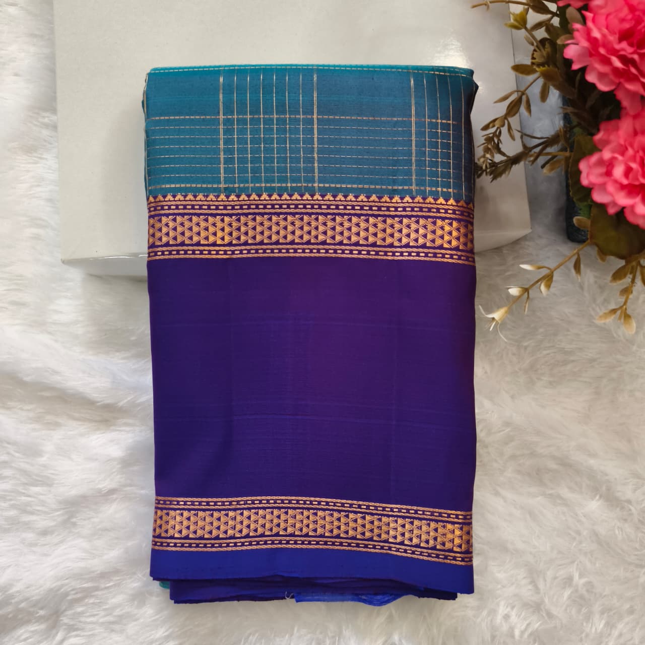 Pure Kanchipuram Silk Saree – Peacock Blue and Purple Contrast with Checks