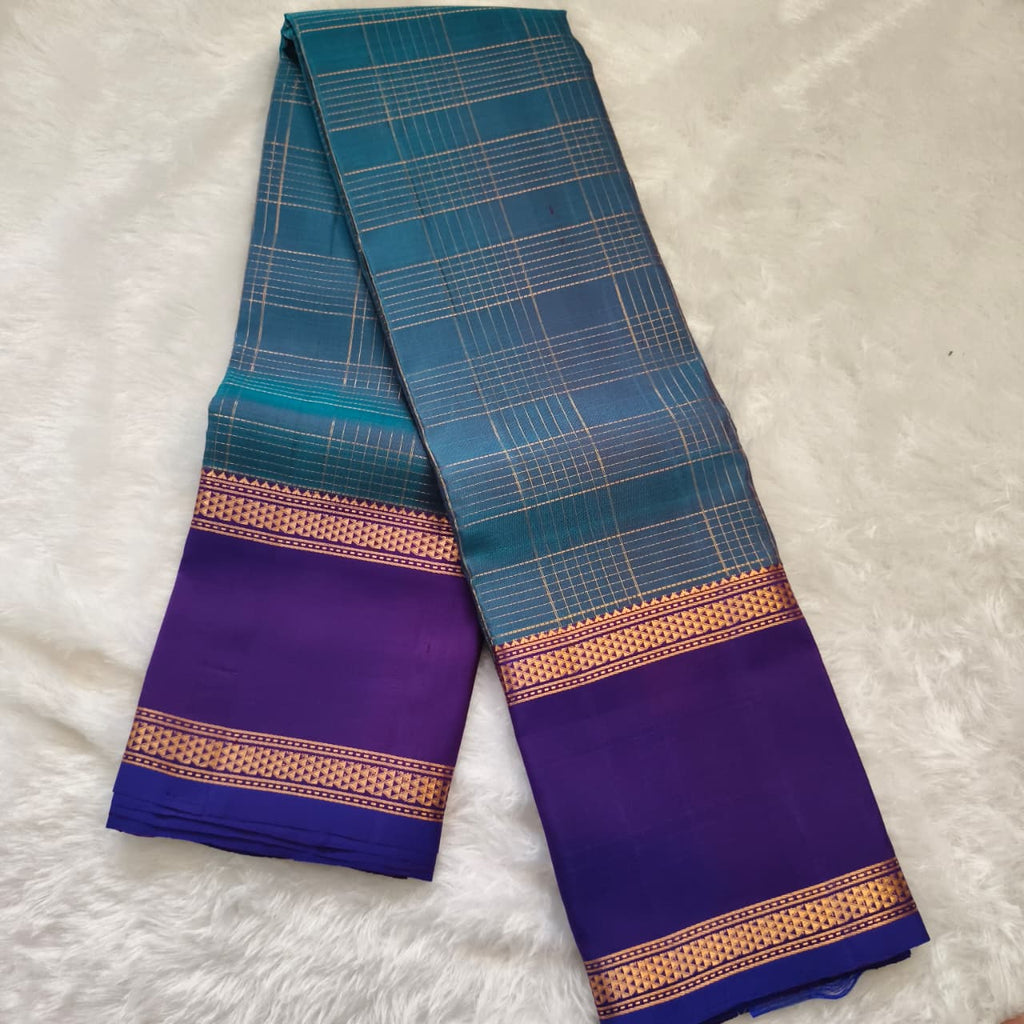Pure Kanchipuram Silk Saree – Peacock Blue and Purple Contrast with Checks