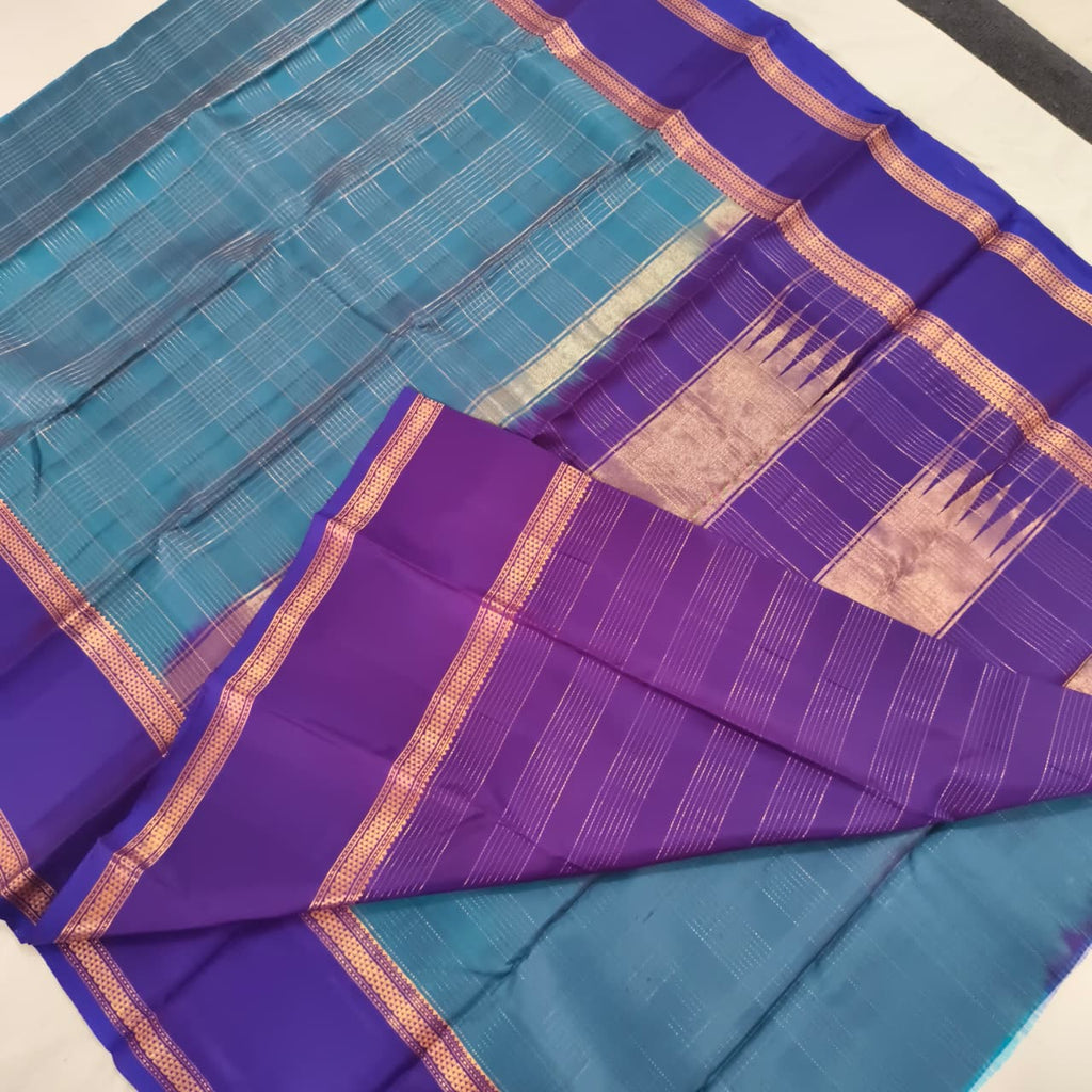 Pure Kanchipuram Silk Saree – Peacock Blue and Purple Contrast with Checks