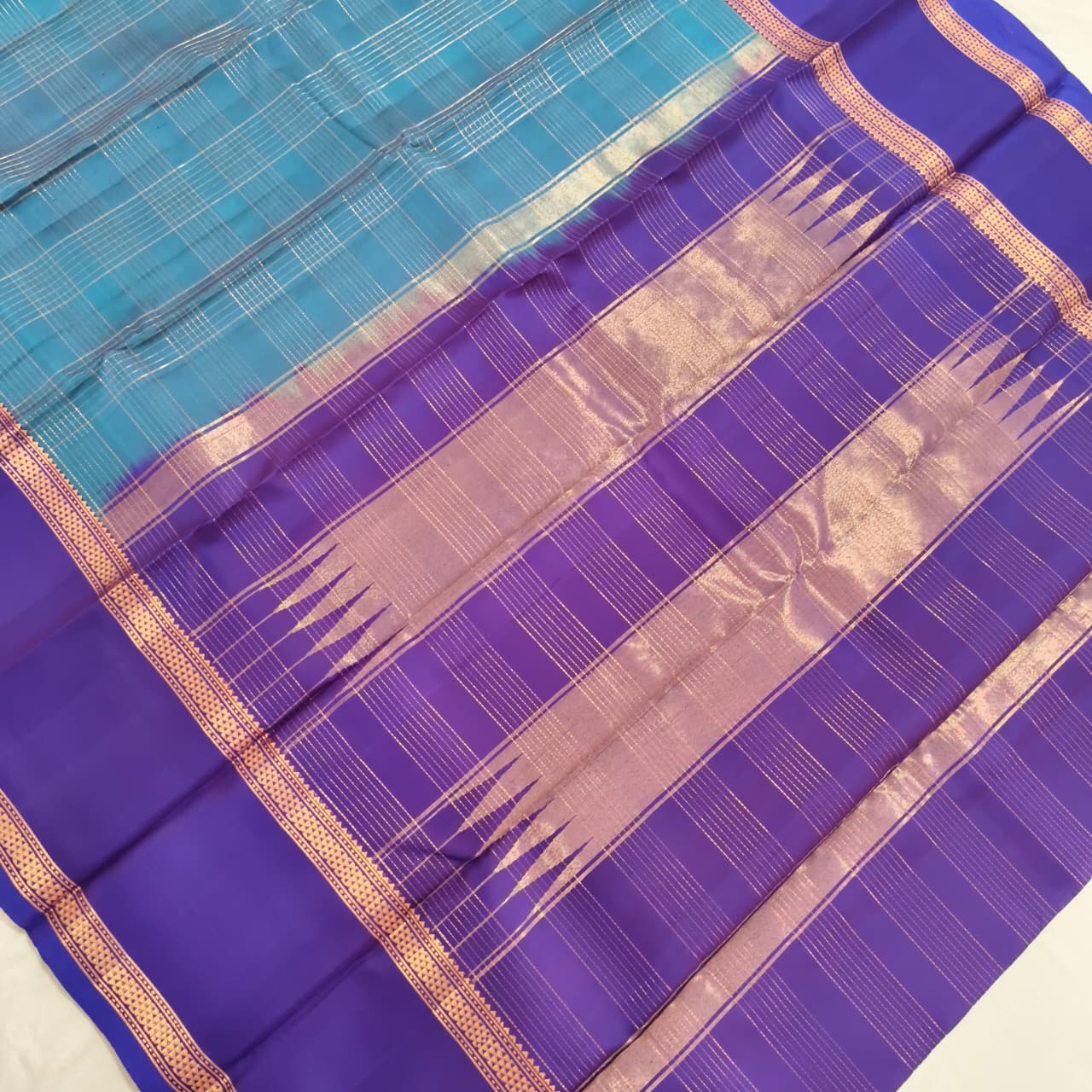 Pure Kanchipuram Silk Saree – Peacock Blue and Purple Contrast with Checks