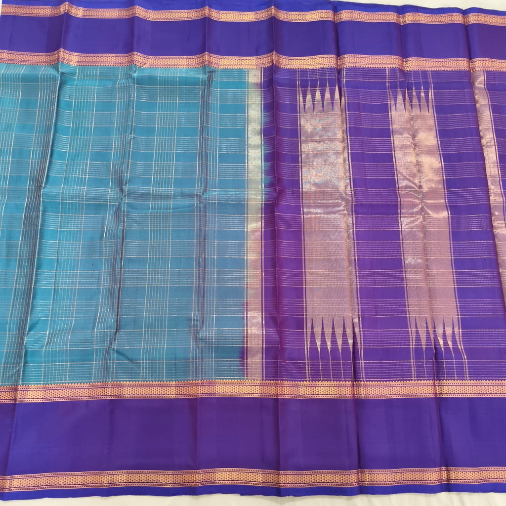 Pure Kanchipuram Silk Saree – Peacock Blue and Purple Contrast with Checks