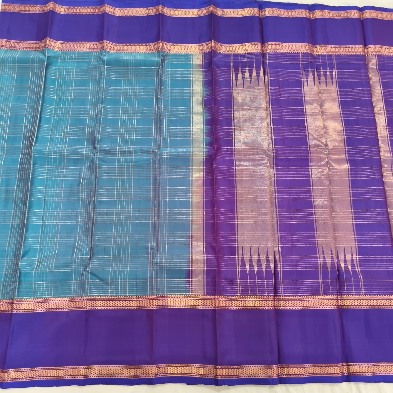 Pure Kanchipuram Silk Saree – Peacock Blue and Purple Contrast with Checks