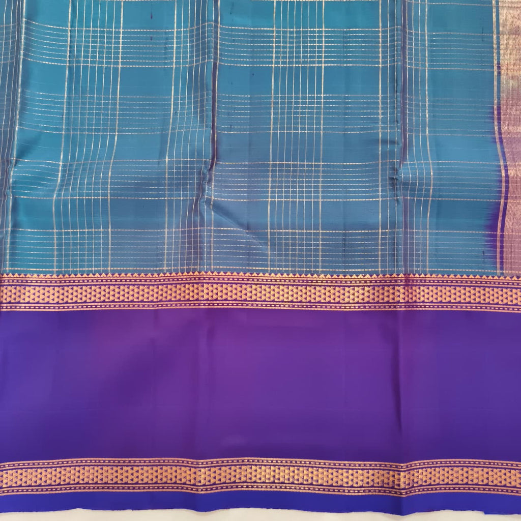 Pure Kanchipuram Silk Saree – Peacock Blue and Purple Contrast with Checks