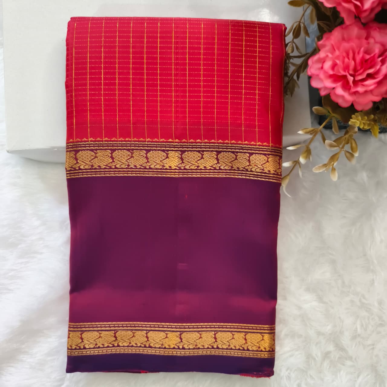 Pure Kanchipuram Silk Saree –Coral Pink and Magenta Contrast with Checks