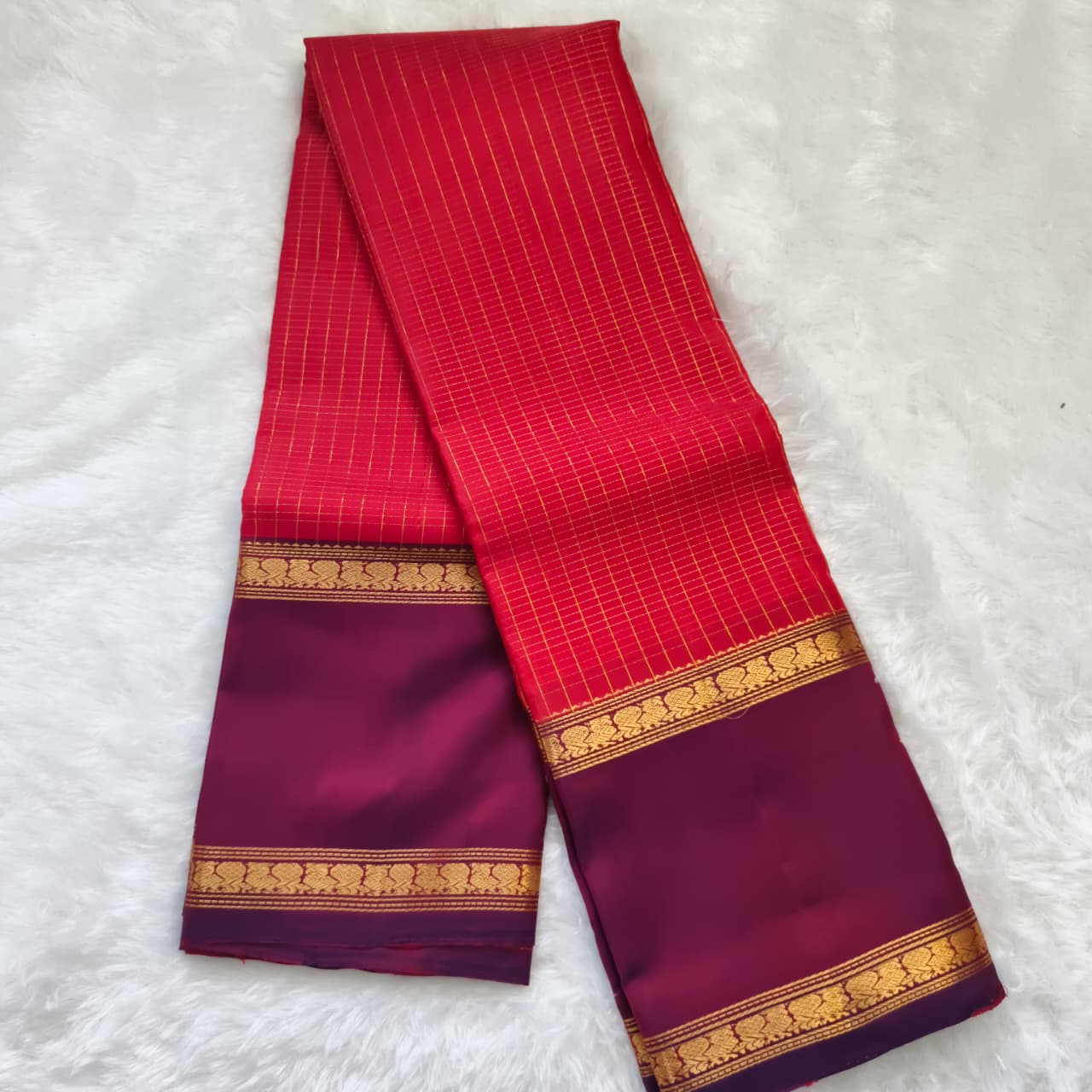 Pure Kanchipuram Silk Saree –Coral Pink and Magenta Contrast with Checks