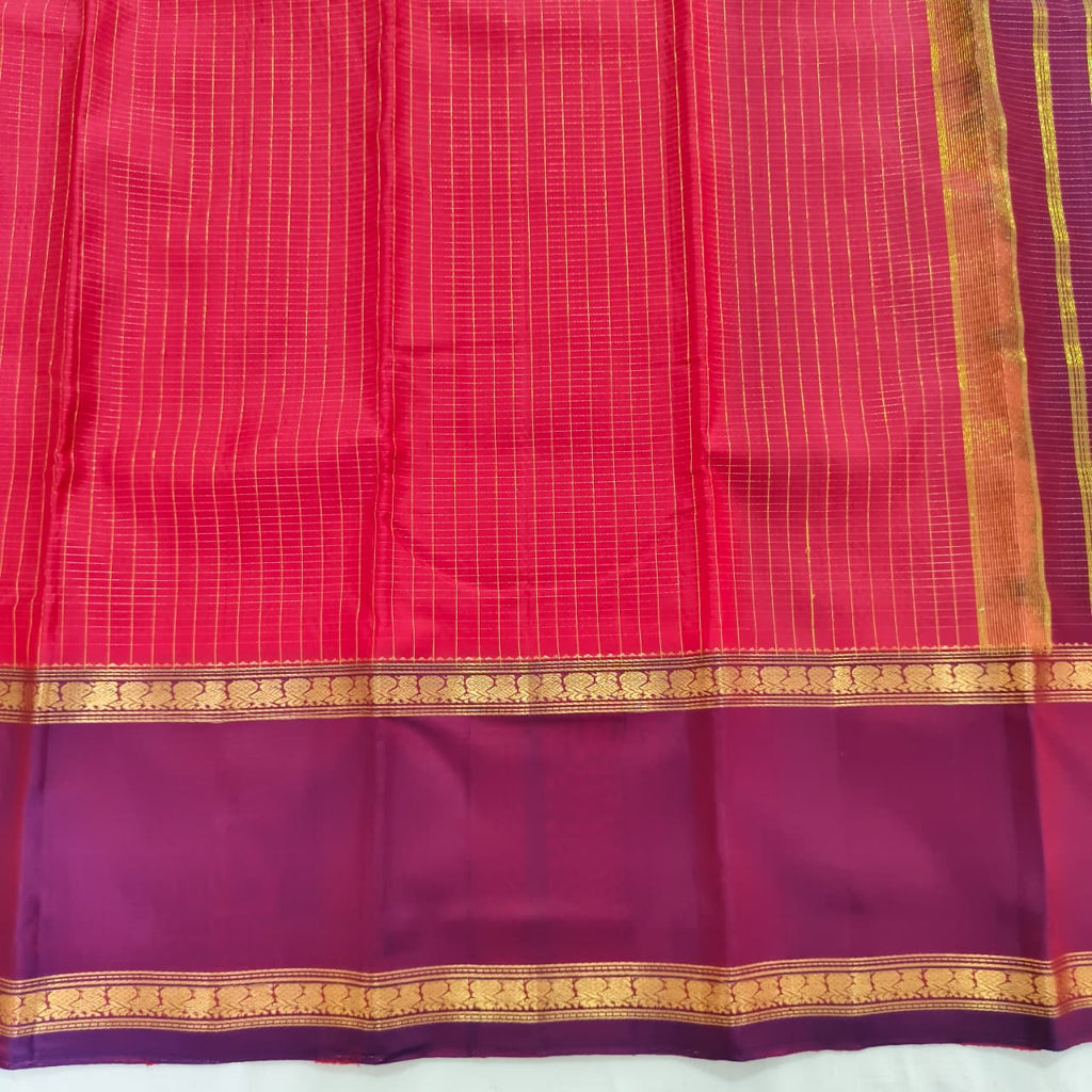 Pure Kanchipuram Silk Saree –Coral Pink and Magenta Contrast with Checks