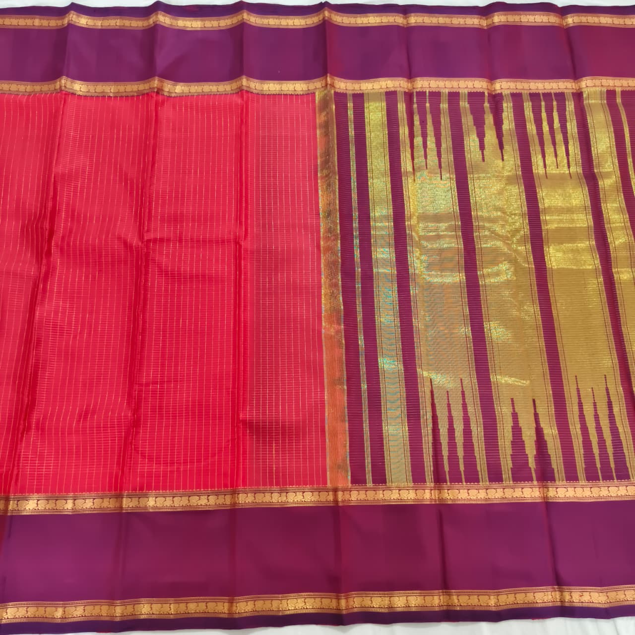 Pure Kanchipuram Silk Saree –Coral Pink and Magenta Contrast with Checks