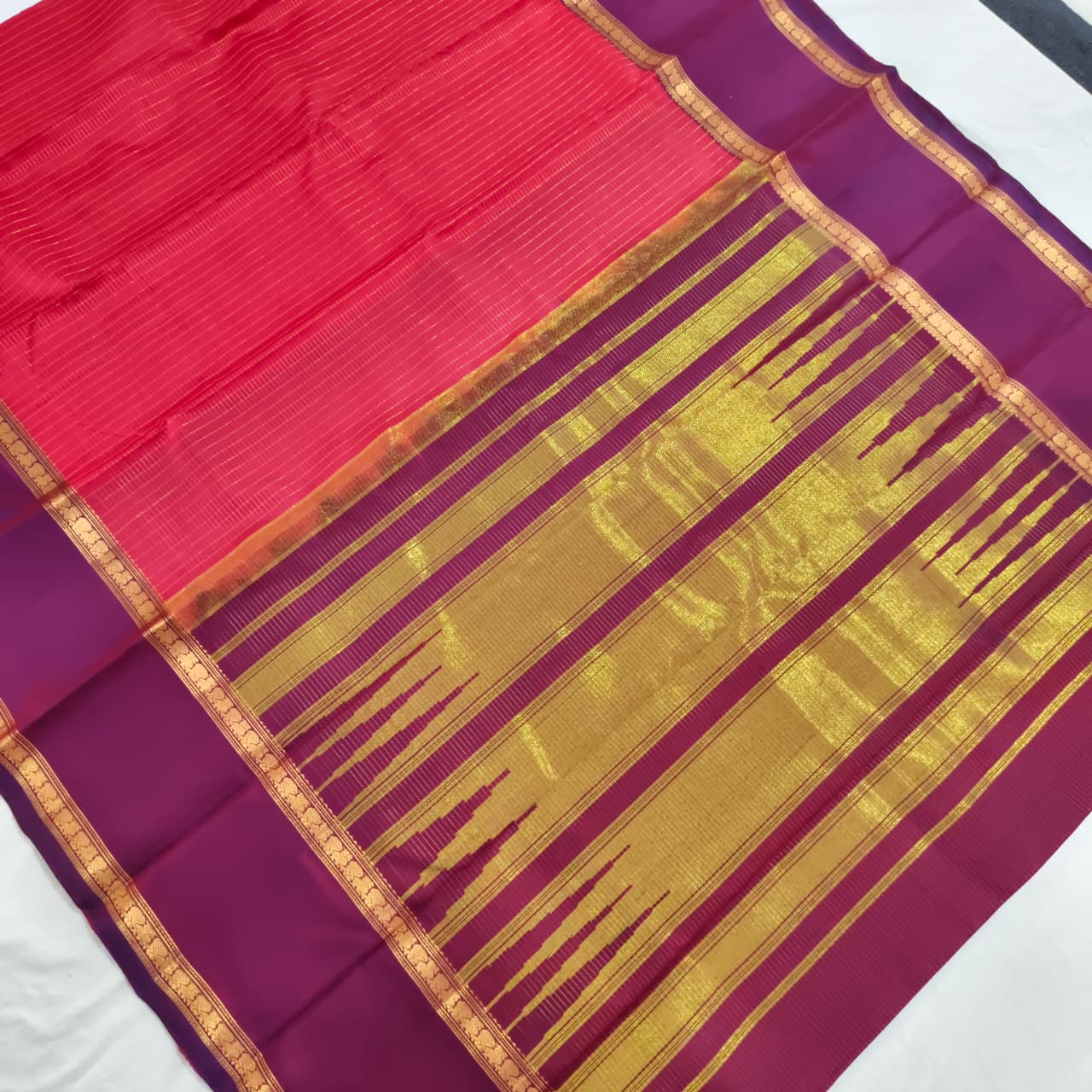 Pure Kanchipuram Silk Saree –Coral Pink and Magenta Contrast with Checks