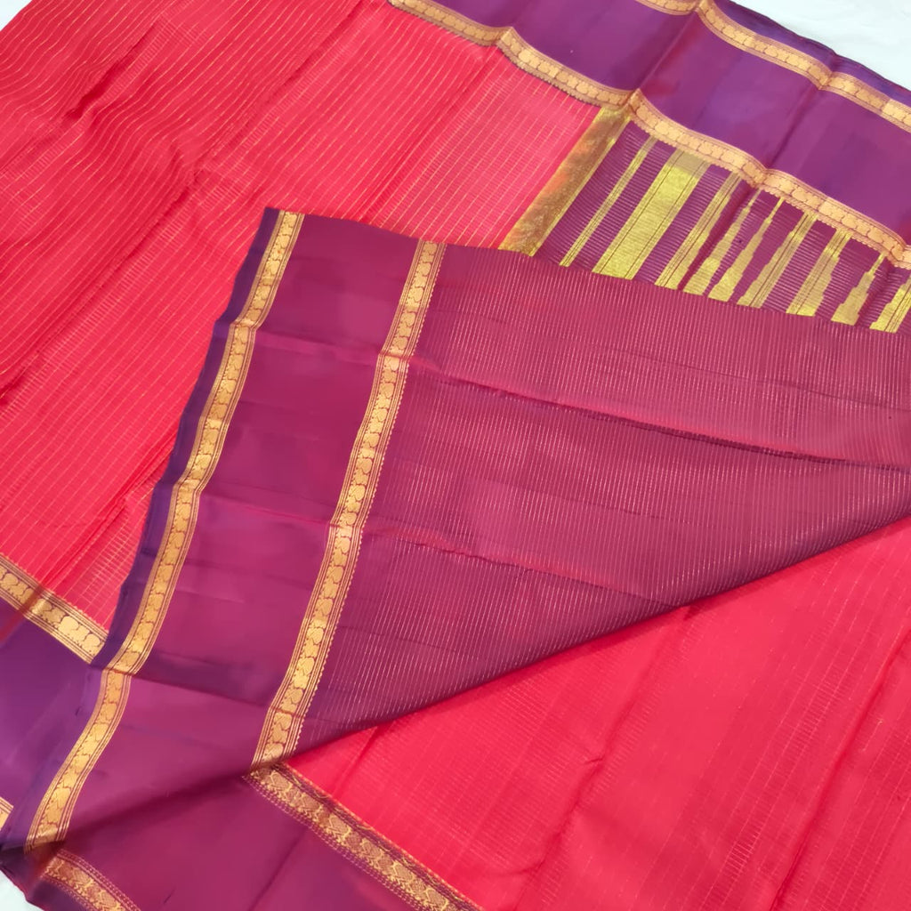 Pure Kanchipuram Silk Saree –Coral Pink and Magenta Contrast with Checks