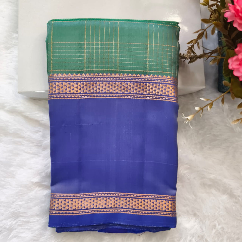 Pure Kanchipuram Silk Saree – Green and Blue Contrast with Checks