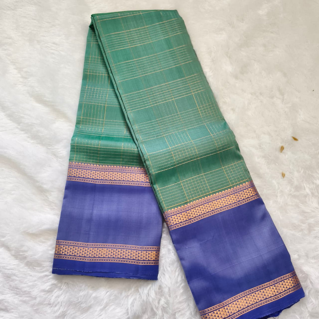 Pure Kanchipuram Silk Saree – Green and Blue Contrast with Checks