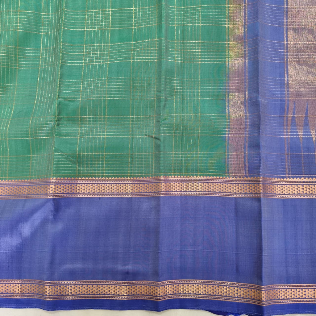 Pure Kanchipuram Silk Saree – Green and Blue Contrast with Checks