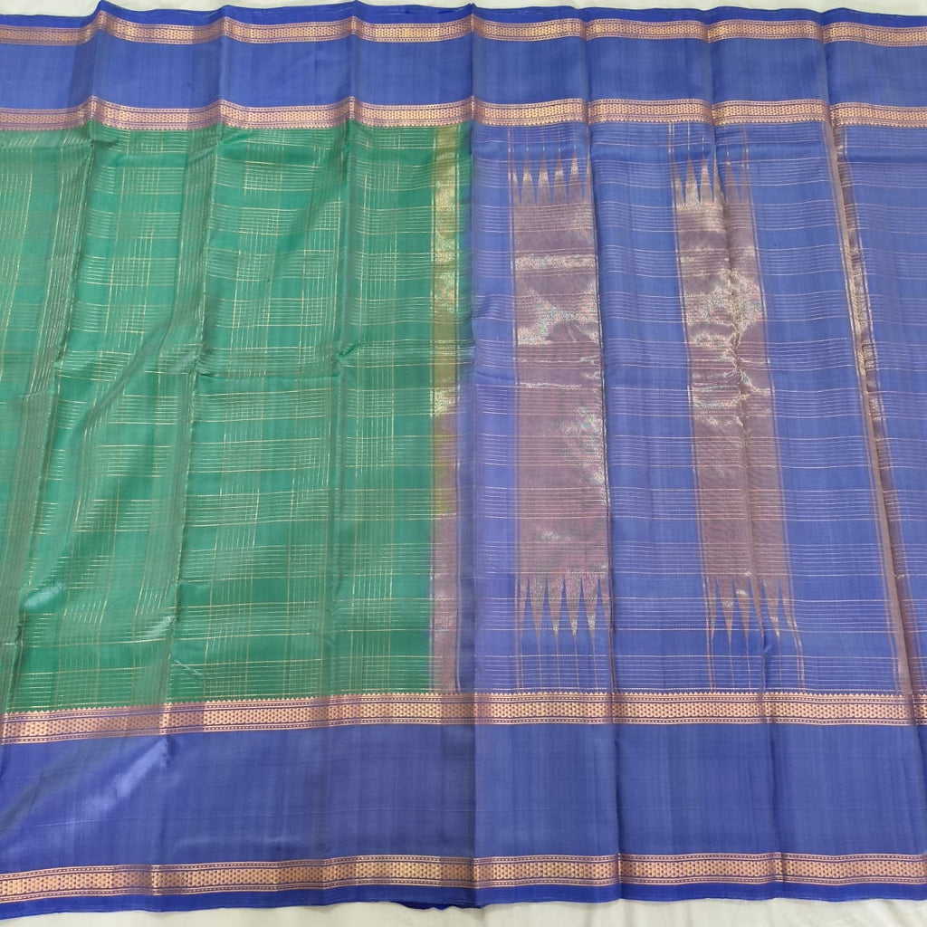 Pure Kanchipuram Silk Saree – Green and Blue Contrast with Checks