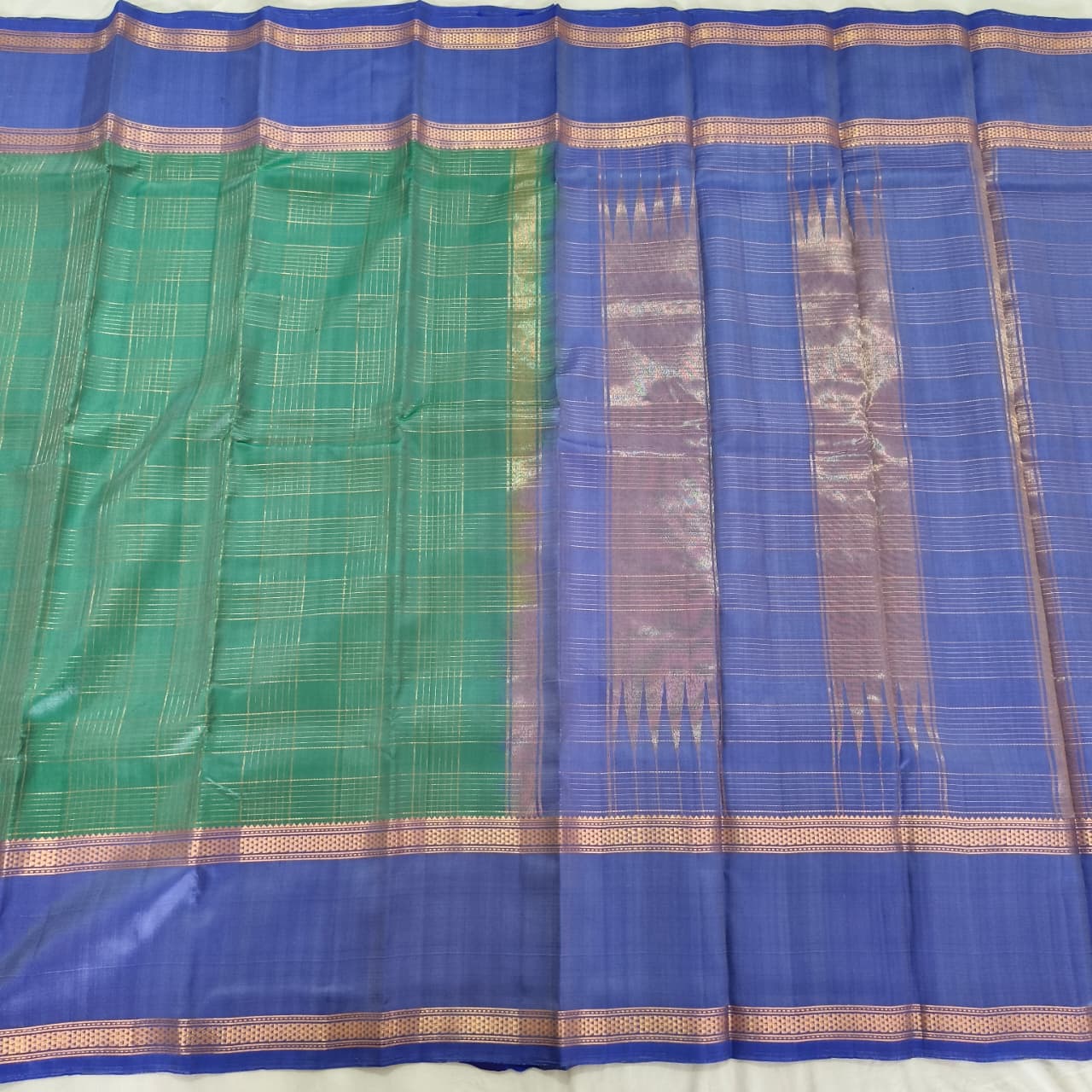 Pure Kanchipuram Silk Saree – Green and Blue Contrast with Checks