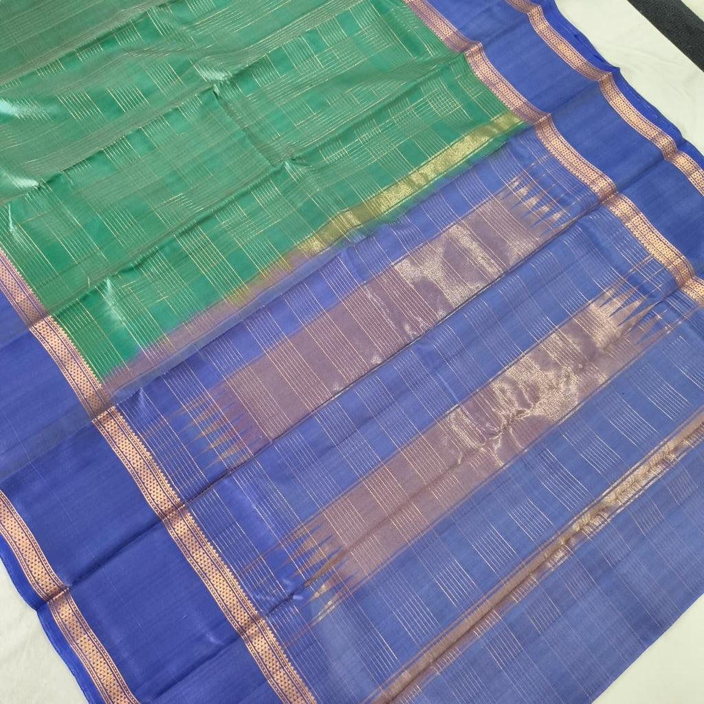 Pure Kanchipuram Silk Saree – Green and Blue Contrast with Checks