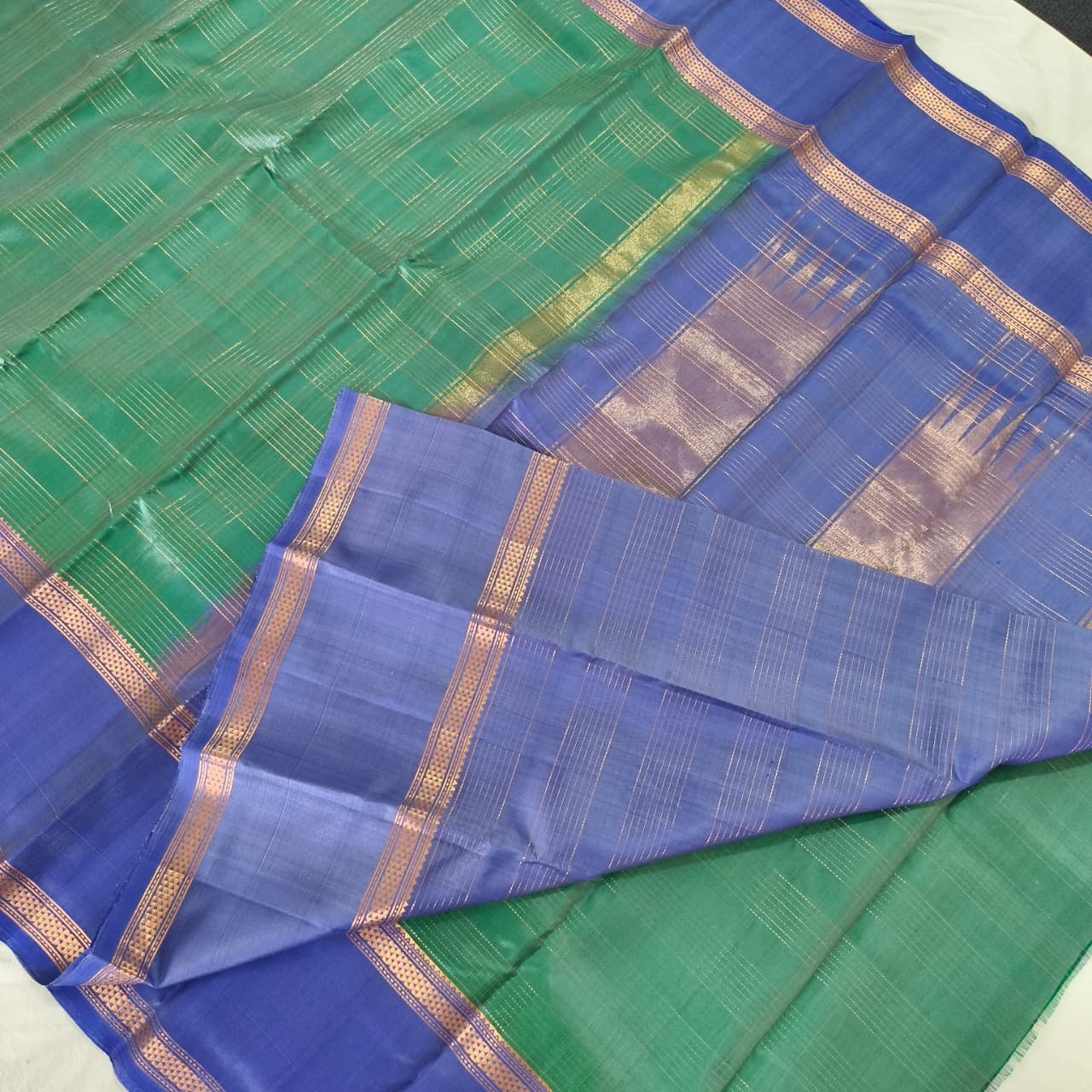 Pure Kanchipuram Silk Saree – Green and Blue Contrast with Checks