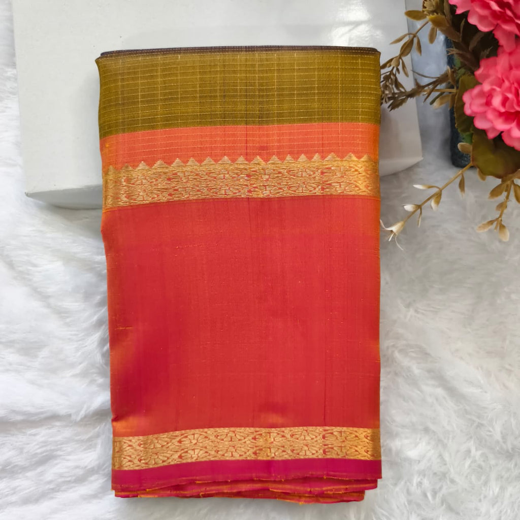 Pure Kanchipuram Silk Saree – Olive Green and Orange Contrast with Checks