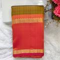 Pure Kanchipuram Silk Saree – Olive Green and Orange Contrast with Checks