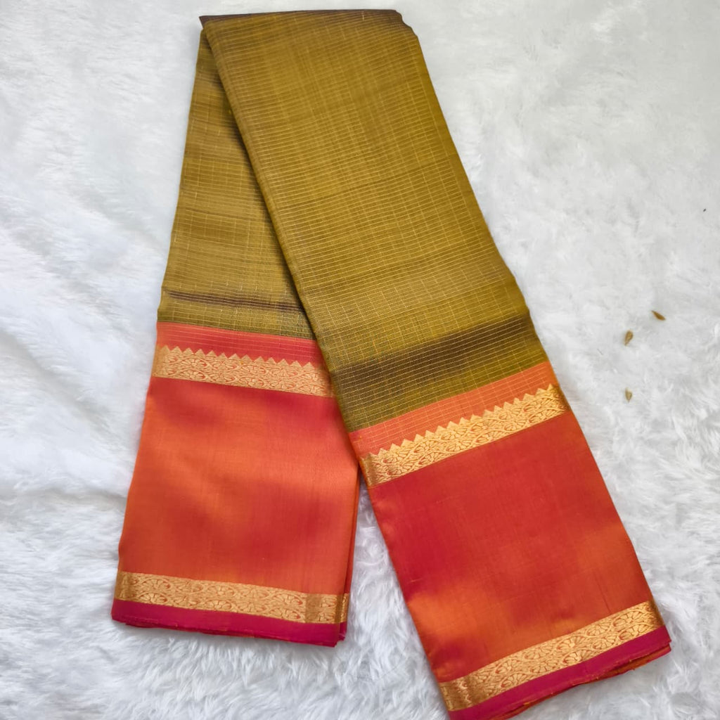 Pure Kanchipuram Silk Saree – Olive Green and Orange Contrast with Checks