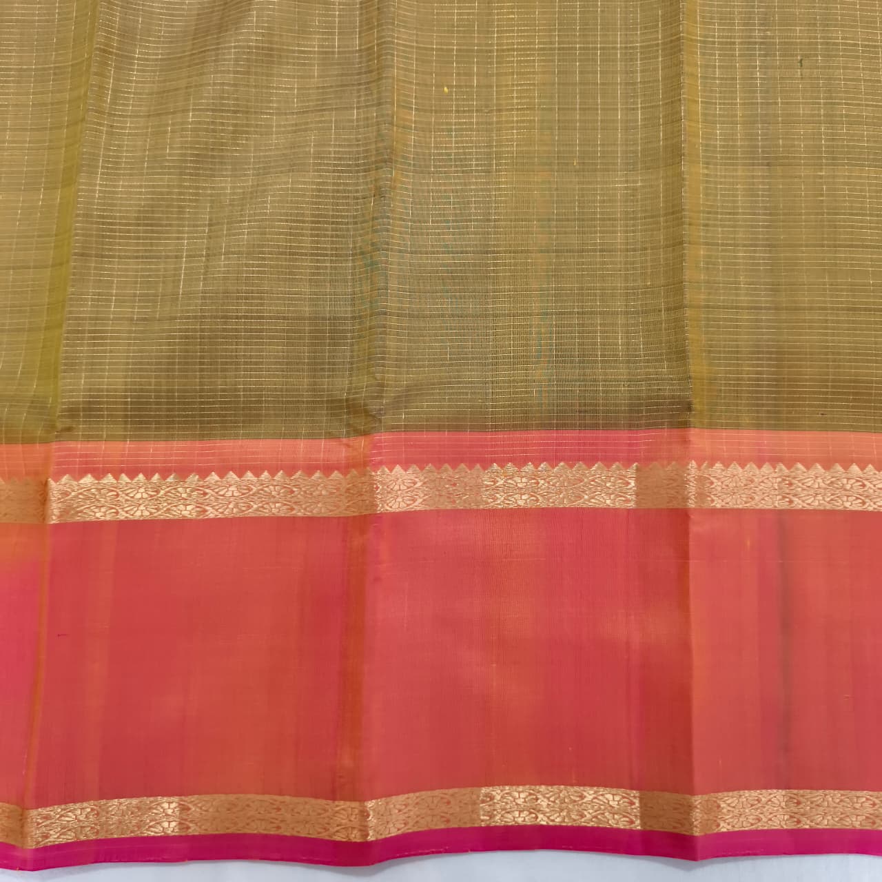 Pure Kanchipuram Silk Saree – Olive Green and Orange Contrast with Checks