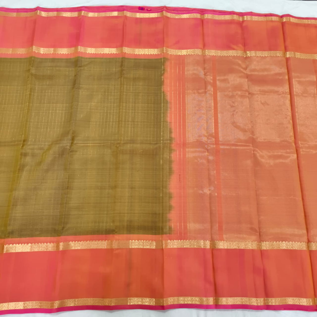 Pure Kanchipuram Silk Saree – Olive Green and Orange Contrast with Checks