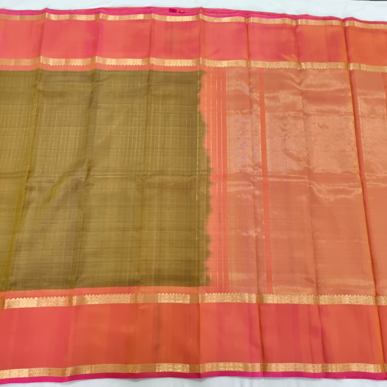 Pure Kanchipuram Silk Saree – Olive Green and Orange Contrast with Checks