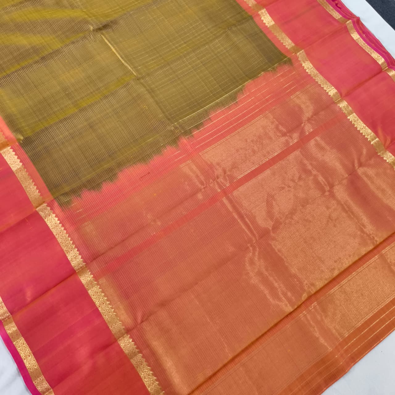 Pure Kanchipuram Silk Saree – Olive Green and Orange Contrast with Checks