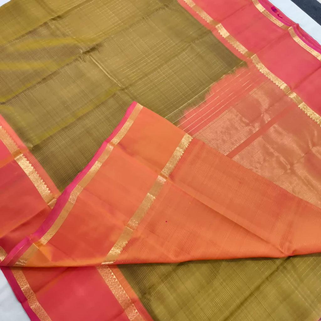 Pure Kanchipuram Silk Saree – Olive Green and Orange Contrast with Checks