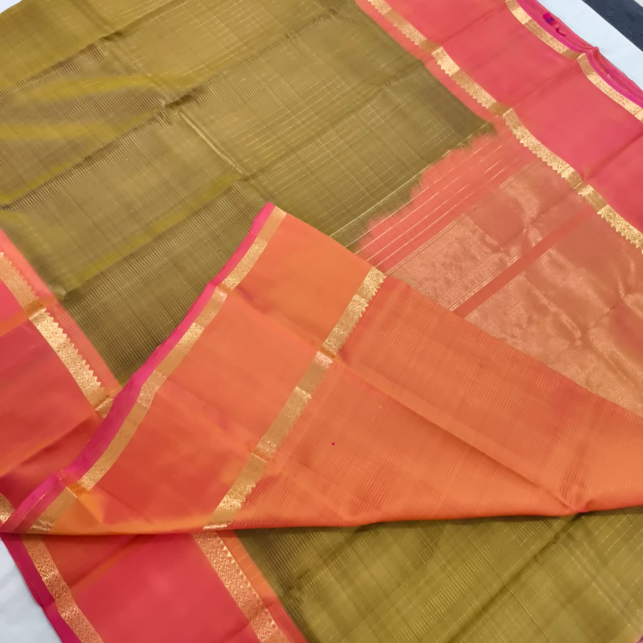 Pure Kanchipuram Silk Saree – Olive Green and Orange Contrast with Checks