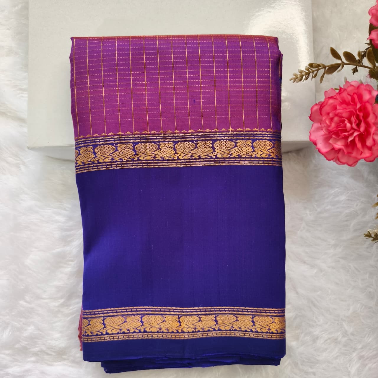 Pure Kanchipuram Silk Saree – Purple and Blue Contrast with Checks