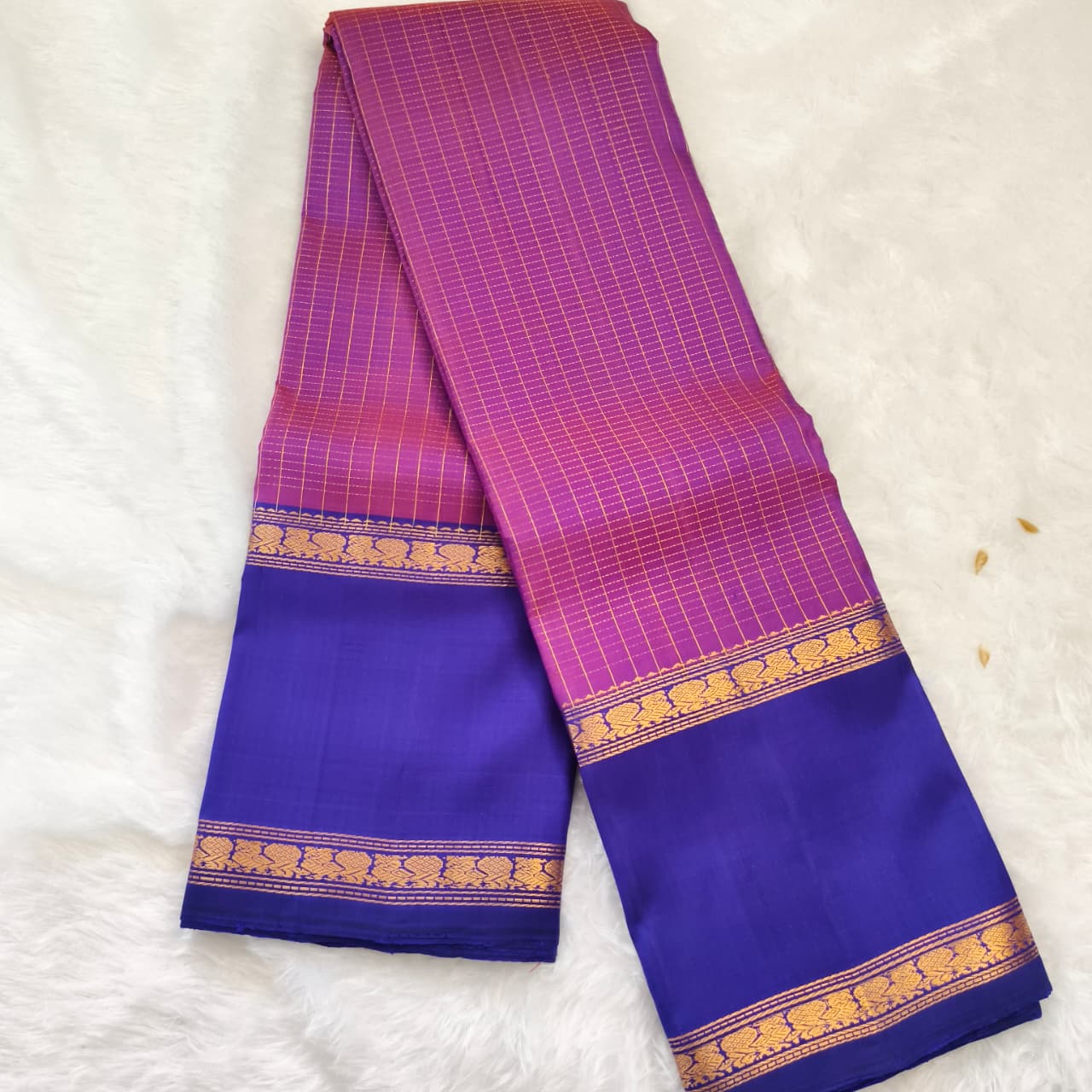 Pure Kanchipuram Silk Saree – Purple and Blue Contrast with Checks