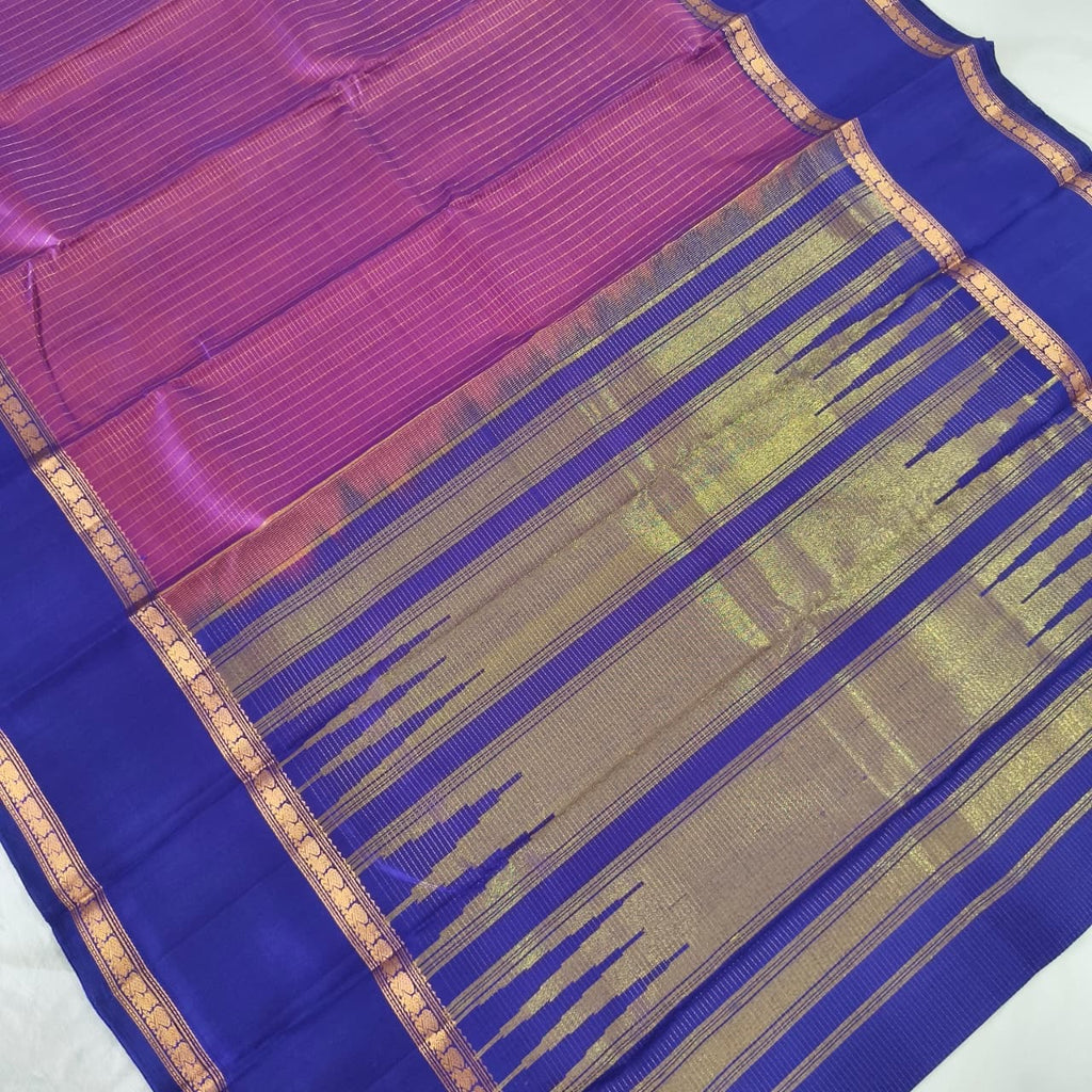 Pure Kanchipuram Silk Saree – Purple and Blue Contrast with Checks