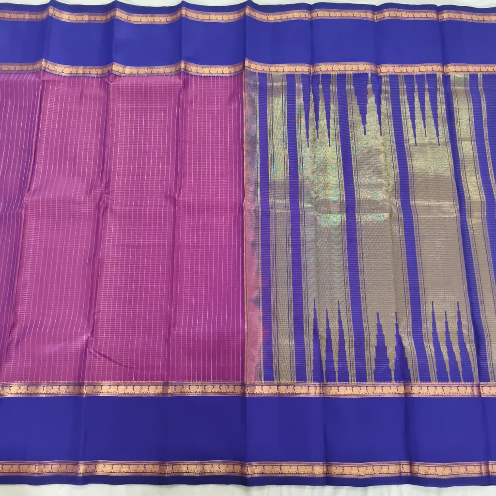 Pure Kanchipuram Silk Saree – Purple and Blue Contrast with Checks