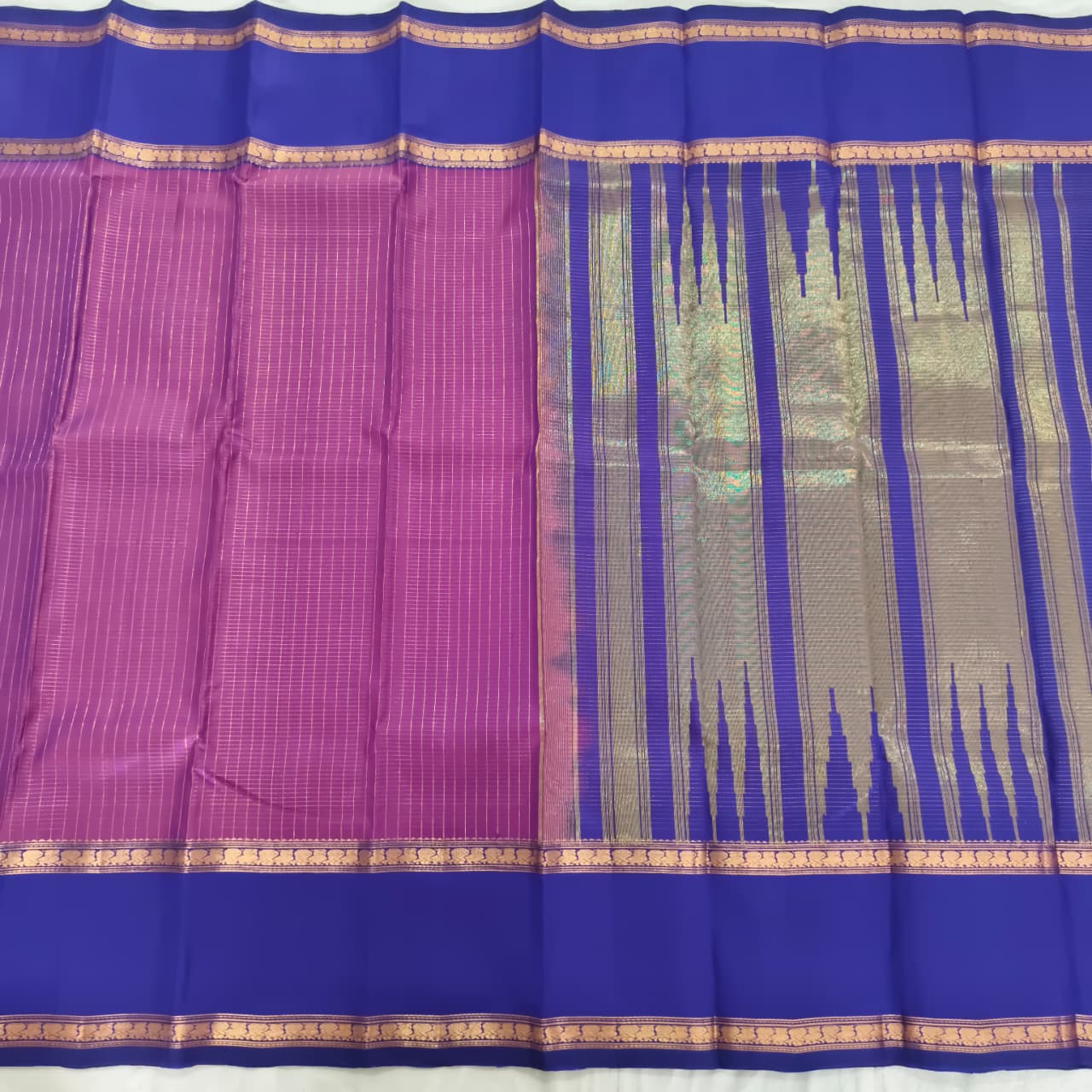 Pure Kanchipuram Silk Saree – Purple and Blue Contrast with Checks