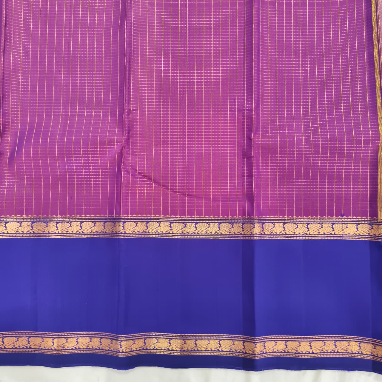 Pure Kanchipuram Silk Saree – Purple and Blue Contrast with Checks