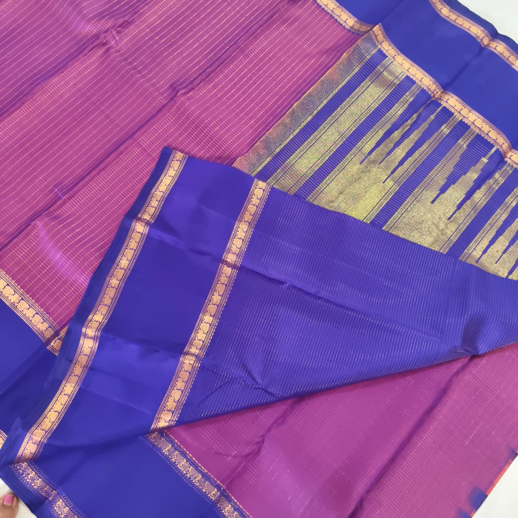 Pure Kanchipuram Silk Saree – Purple and Blue Contrast with Checks